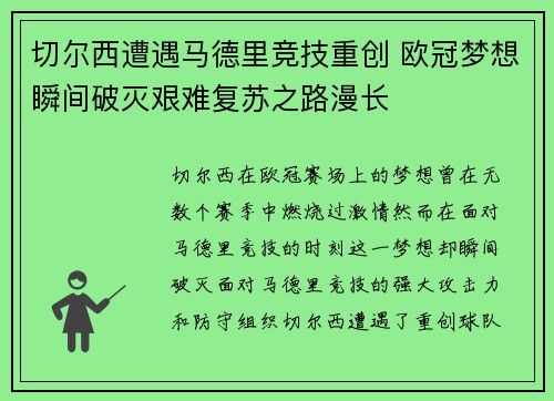 切尔西遭遇马德里竞技重创 欧冠梦想瞬间破灭艰难复苏之路漫长