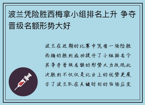 波兰凭险胜西梅拿小组排名上升 争夺晋级名额形势大好